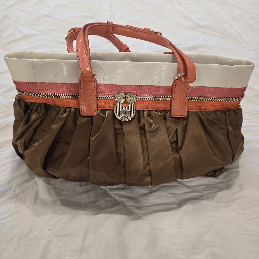 Henri Bendel Vintage Purse-Brown Fabric With Leather Top w/ Padlock
